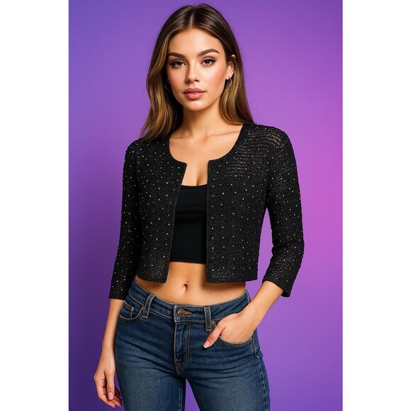 Y2K Sophie Chang Black Rhinestone Mesh Cropped Cardigan Shrug Sparkle 2000s - Picture 2 of 6